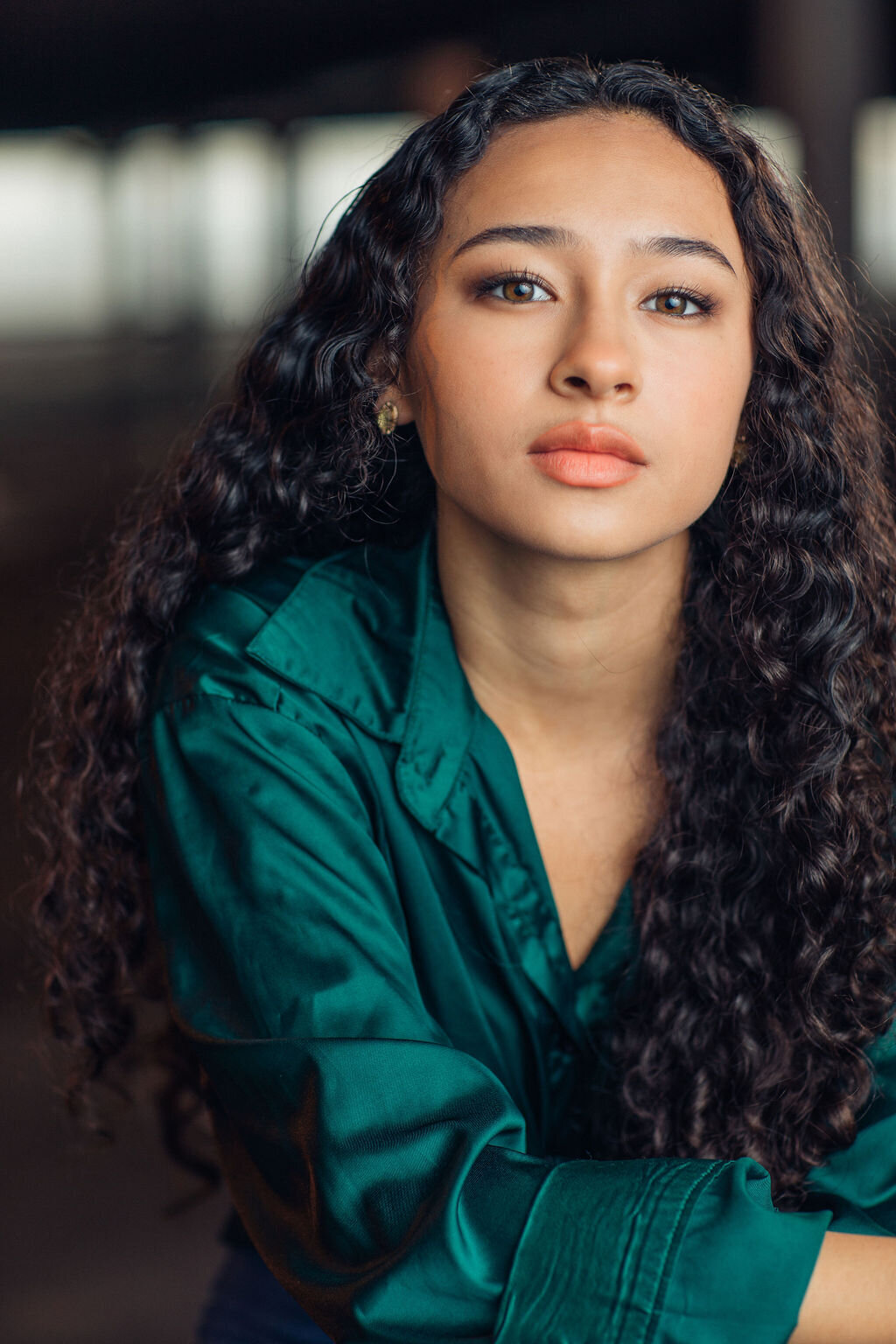 Headshot Photograph Of Young Woman In Dark Blue Green Long Sleeves Los Angeles