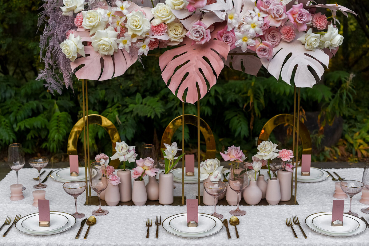 Stunning tables cape of various pink hues from Bronte Brides True to Hue Blush shootout, captured by Janelle Dudzic Photography, colourful and candid wedding photographer in Edmonton, Alberta. Featured on the Bronte Bride Vendor Guide.