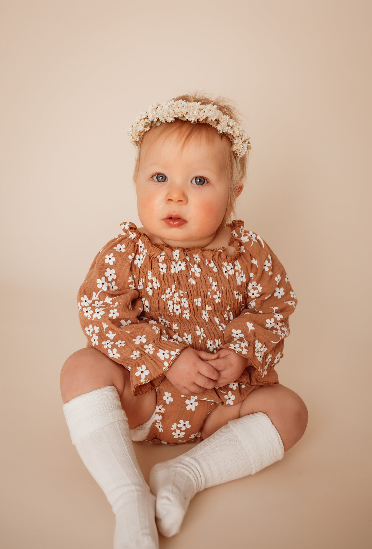 milstone studio session, flower headband, flower romper, long white socks, baby girl,
