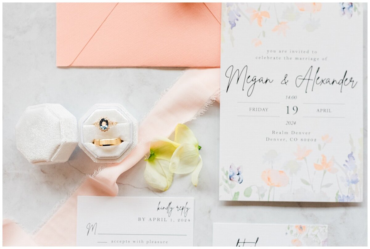 Close up of an invitation suite captured by Denver wedding photographer, KB Radiant Photography