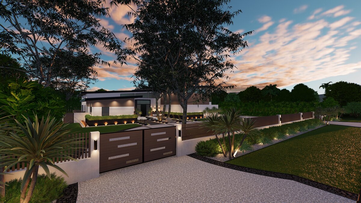 Zen-inspired exterior design with Zen garden and natural materials.