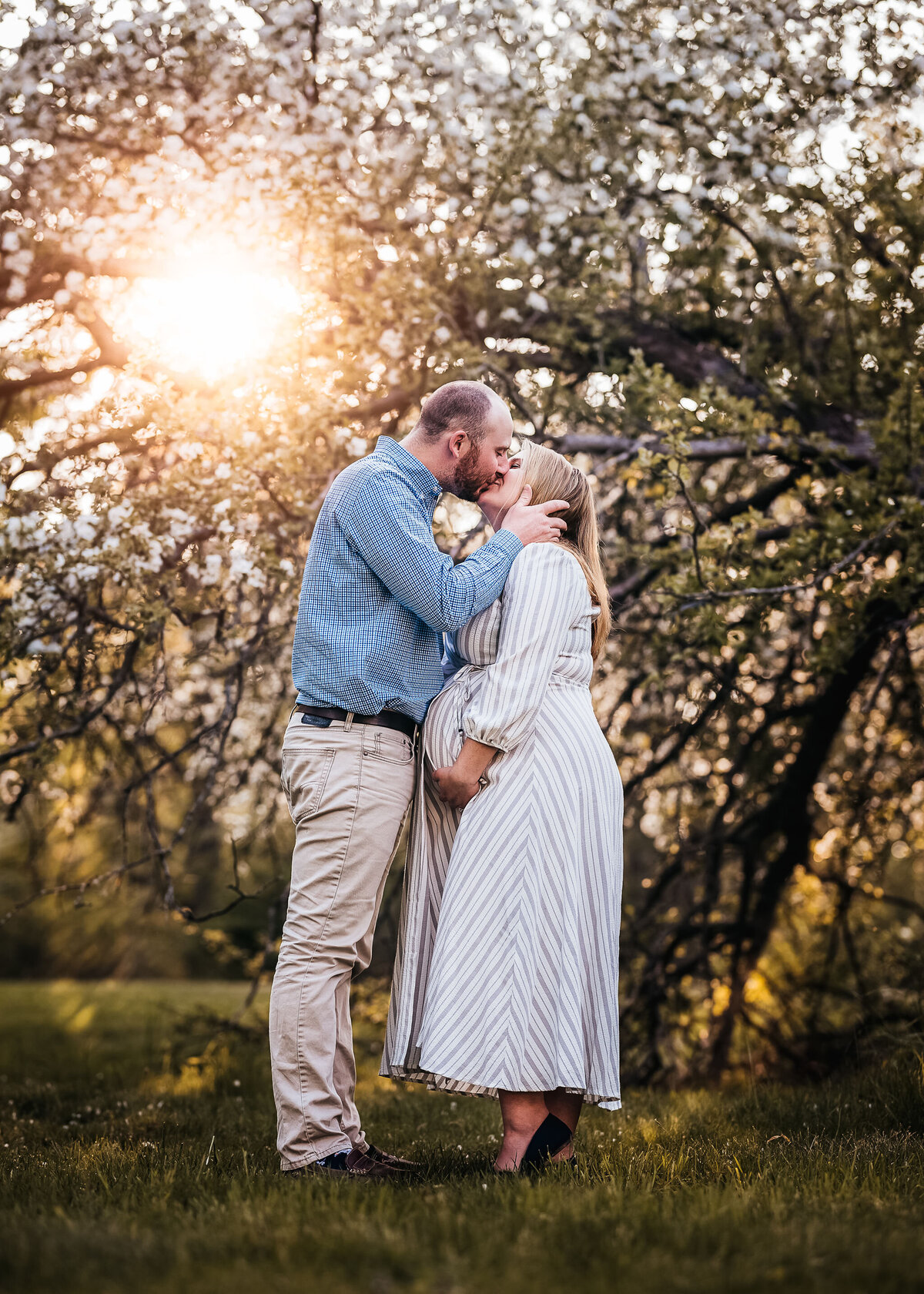 Maternity photo session at sunset with couple kissing in front of blooming trees at carey cottage in portsmouth NH by Lisa Smith Photography
