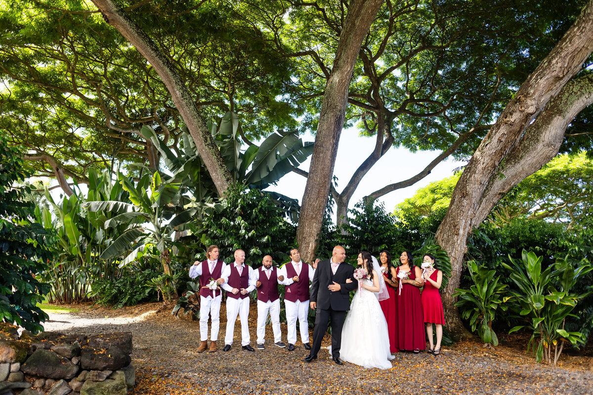 bride and groom pose with groomsmen and bridesmaids