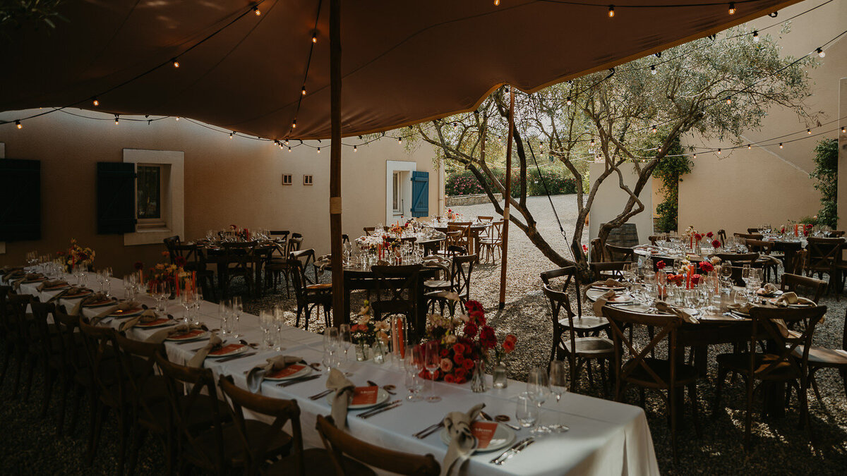Wedding breakfast set up at Chateau Canet in Carcassonne.