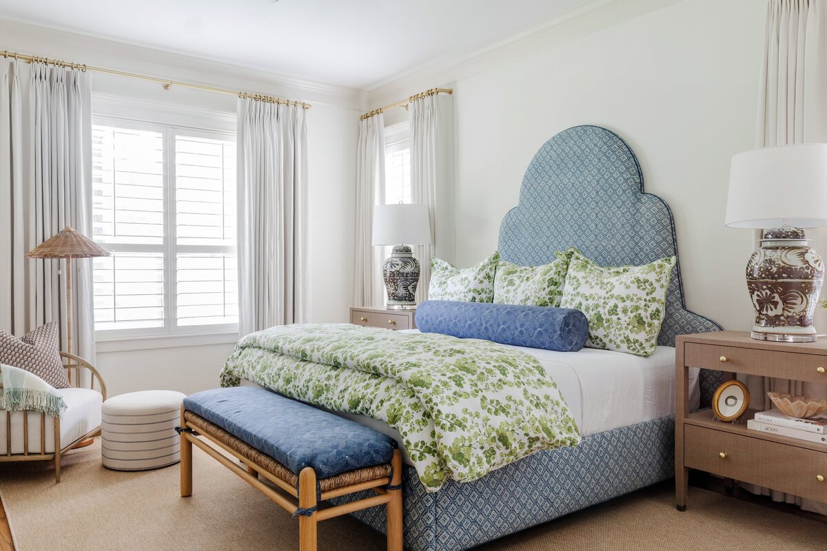 oyster creek studios oak forest remodel blue bed with green floral bedspread and stool with blue cushion