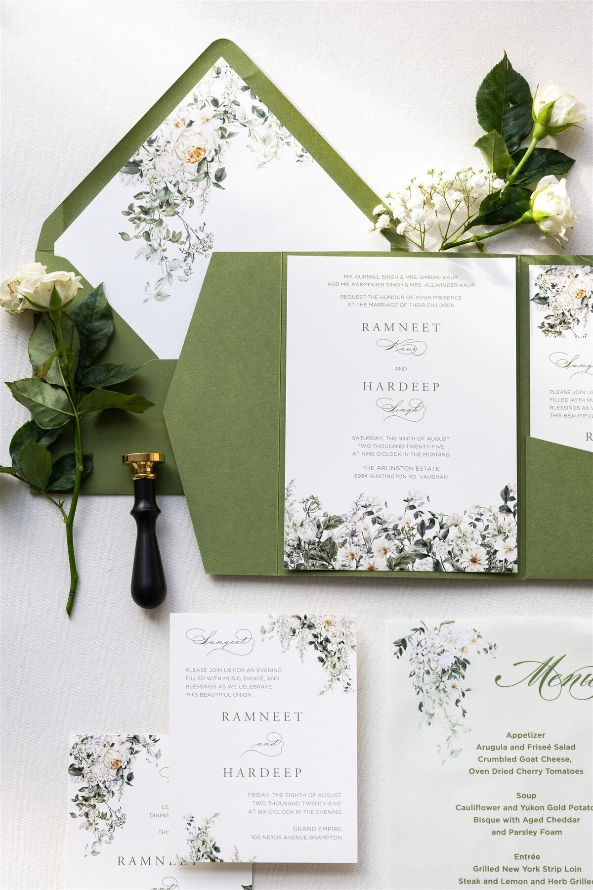 Green pocket fold wedding invitation 2