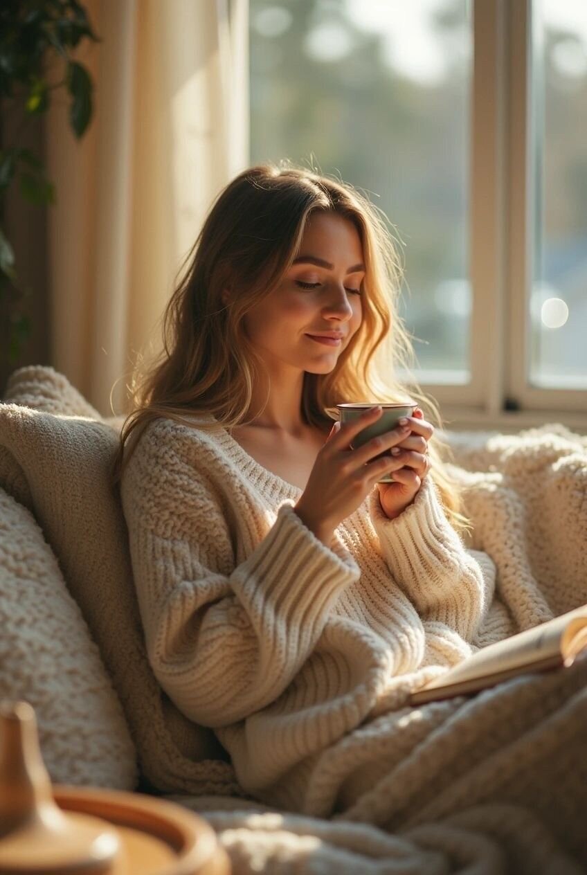 A woman holding a cup, relaxed with eyes closed. Title, "Vent and Release" Learn More 