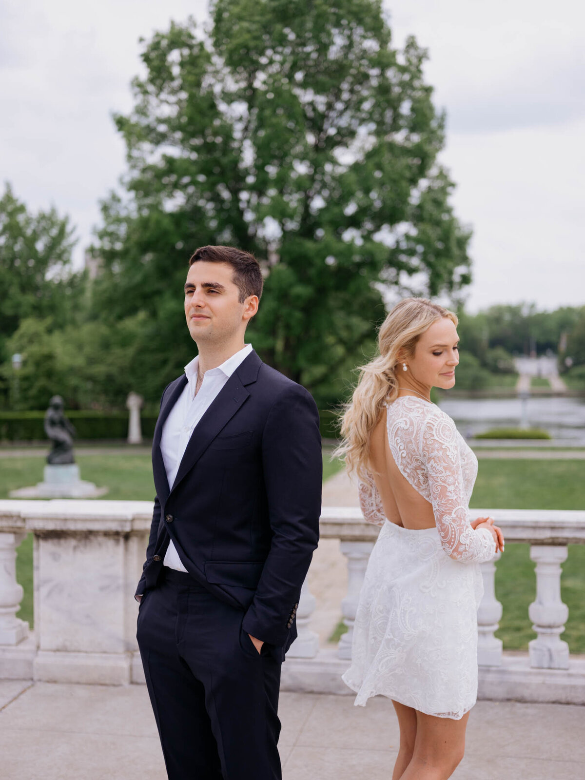 Bride and groom's editorial pose during their Cleveland Art Museum engagement session.