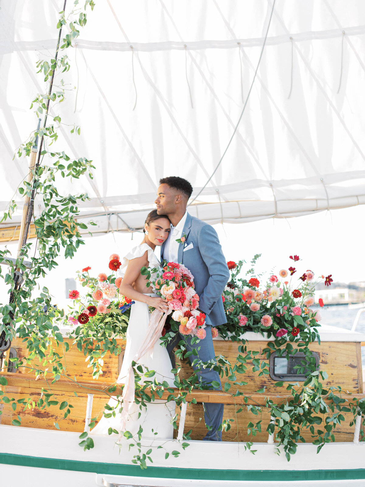 Kate-Murtaugh-Events-elopement-wedding-planner-Boston-Harbor-sailing-sail-boat-yacht-greenery-floral-installation-couple-bride-groom