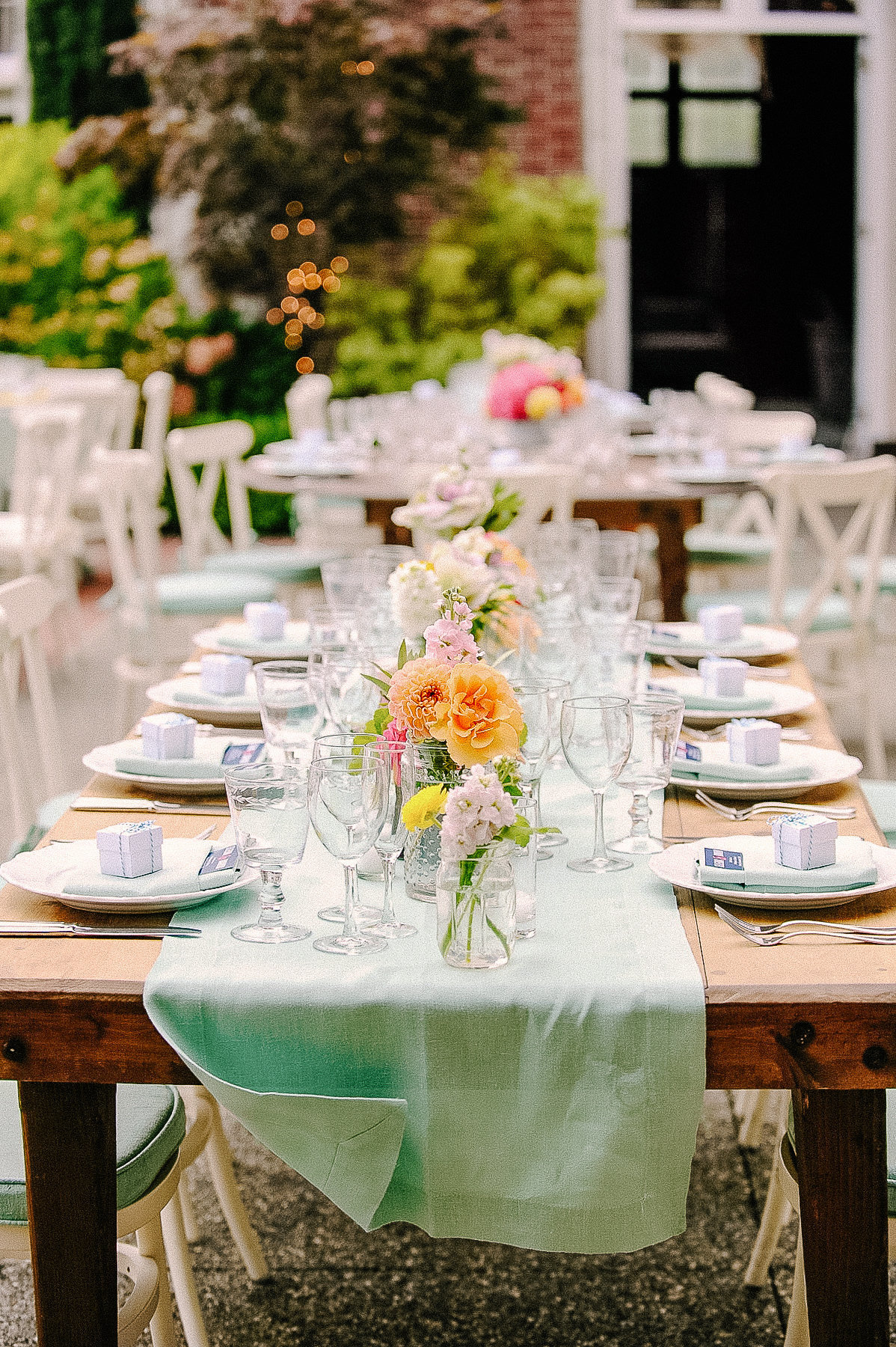 Tabletop using farm tables at a wedding at the Kohl Mansion in Burligame, CA.