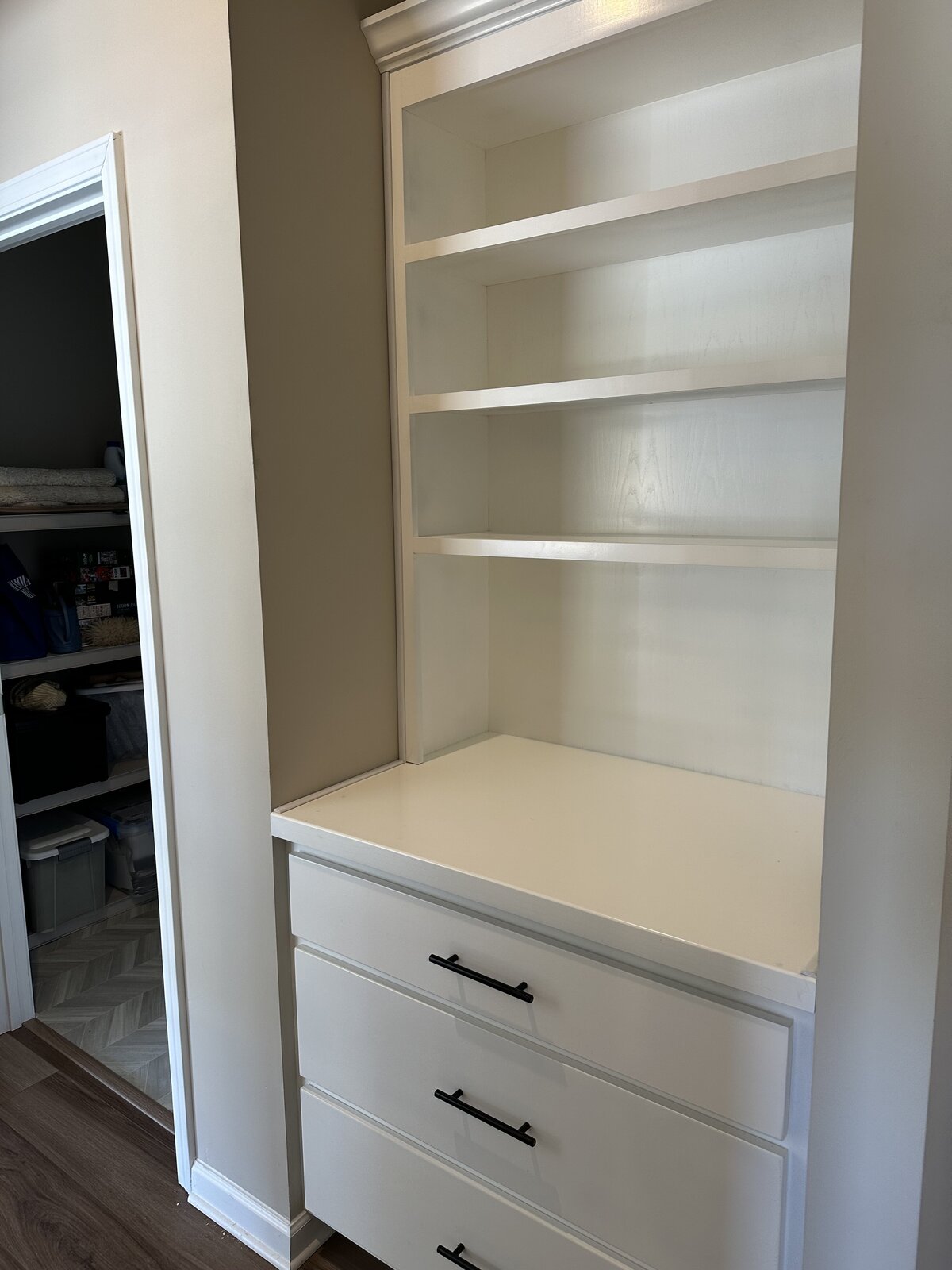 custom built in shelves and drawers