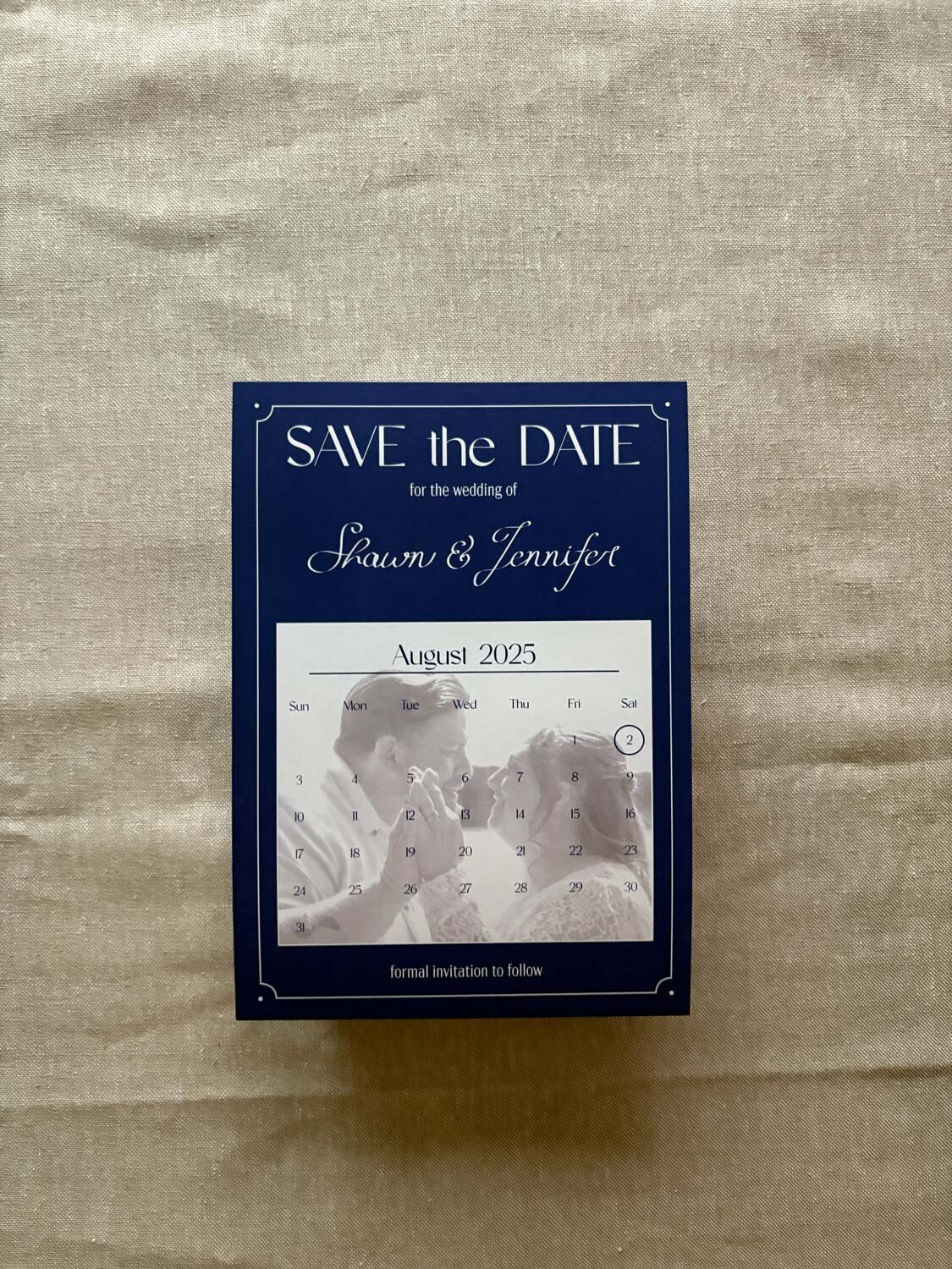 Custom engagement photo save the date with calligraphy and calendar design