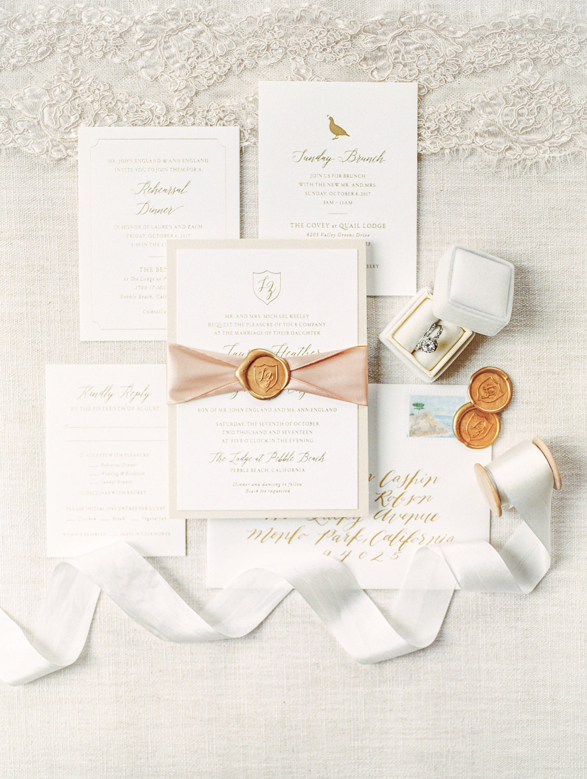 Gold Foil Wedding Invitations, Romantic Wedding in Pebble Beach, California
