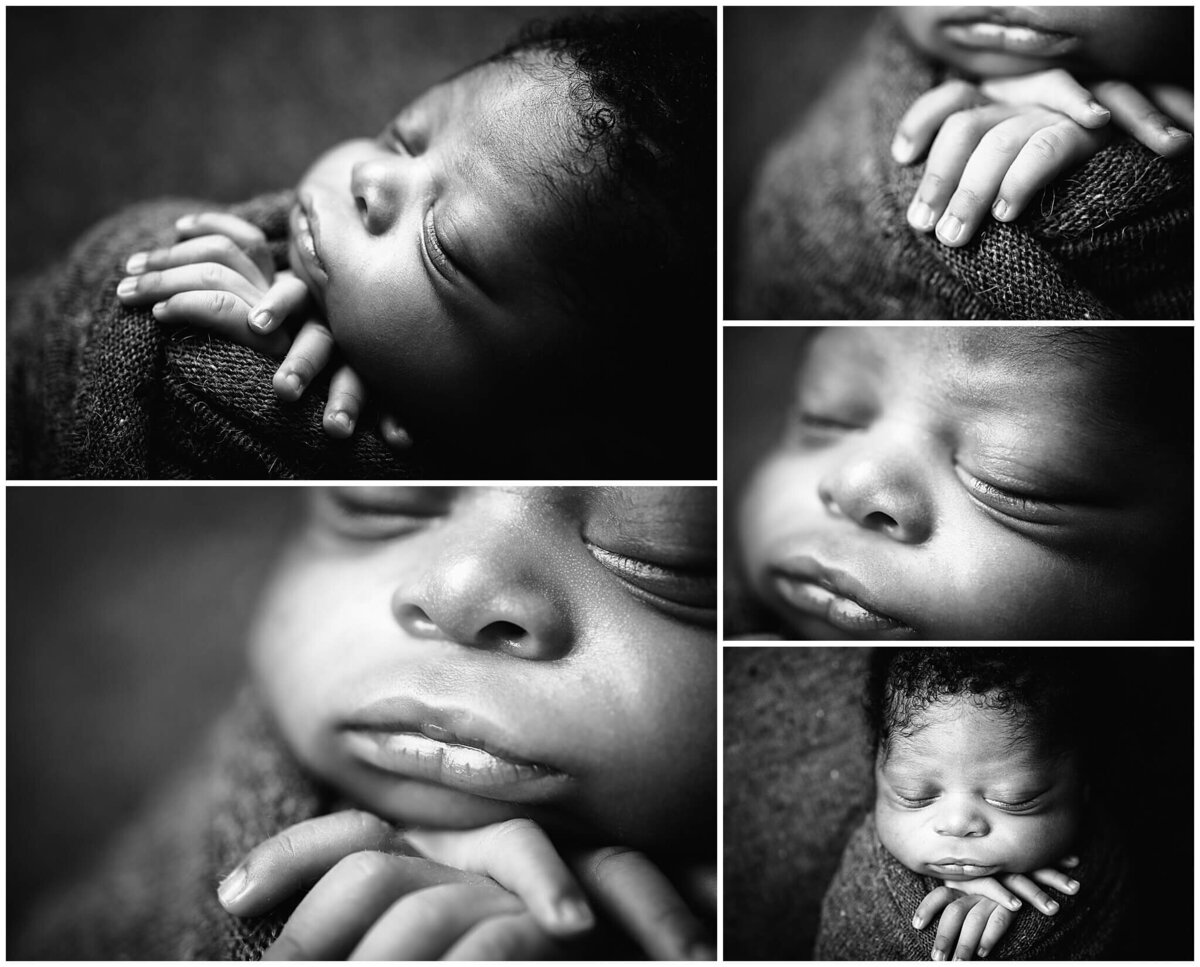 A close-up of a newborn baby boy tiny hands, fingers, mouth, eyes and nose