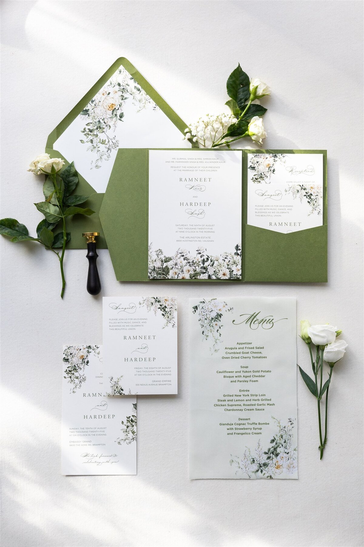 Green pocket fold wedding invitation 1