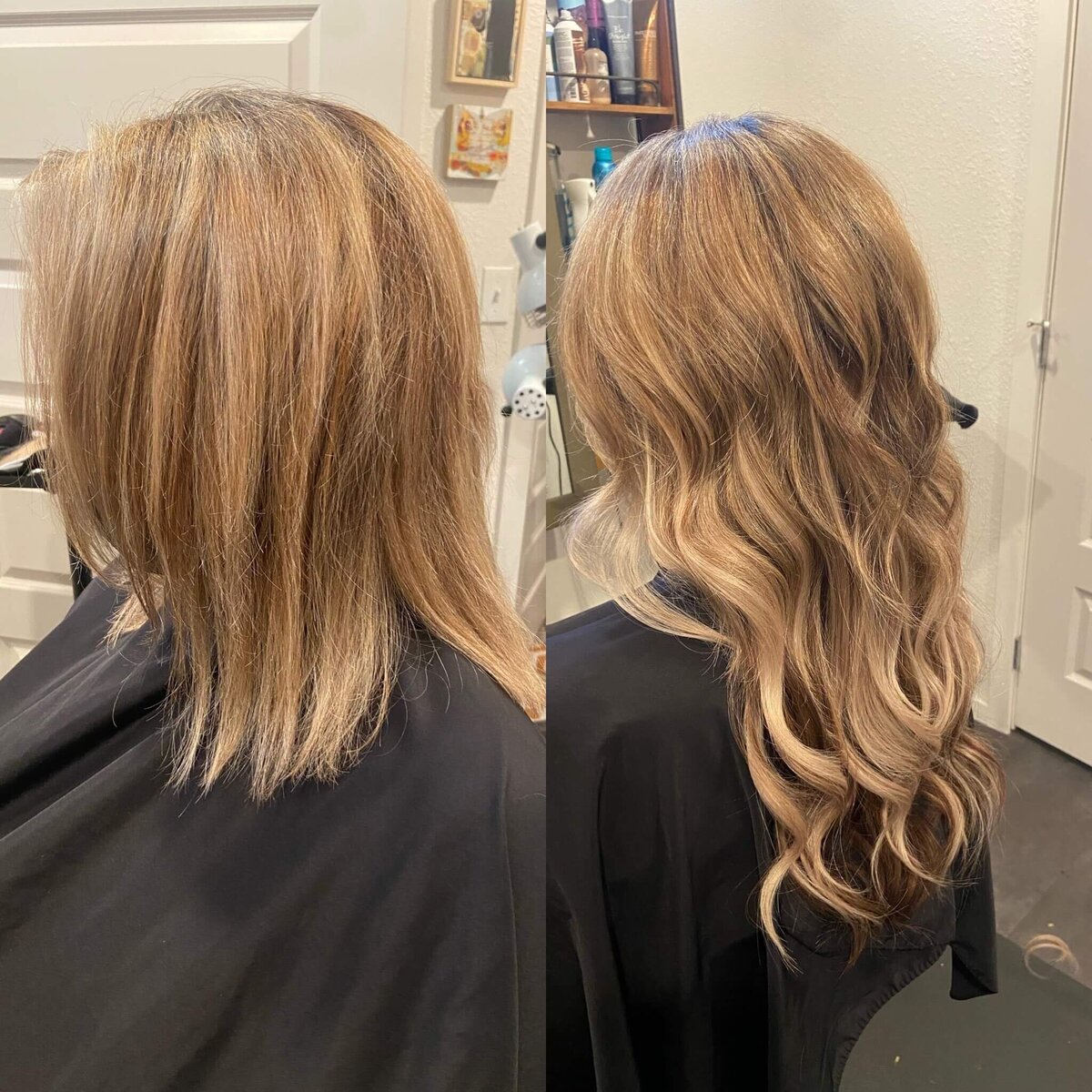 Before and after hair extensions transformation shows natural-looking increase in length and volume on woman with blonde hair.