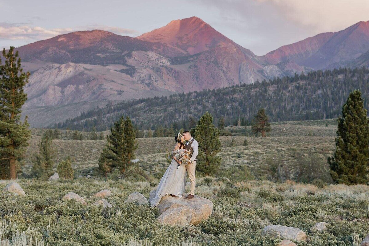 Wedding couple in front of a beautiful mountain view in mammoth lakes, california.
