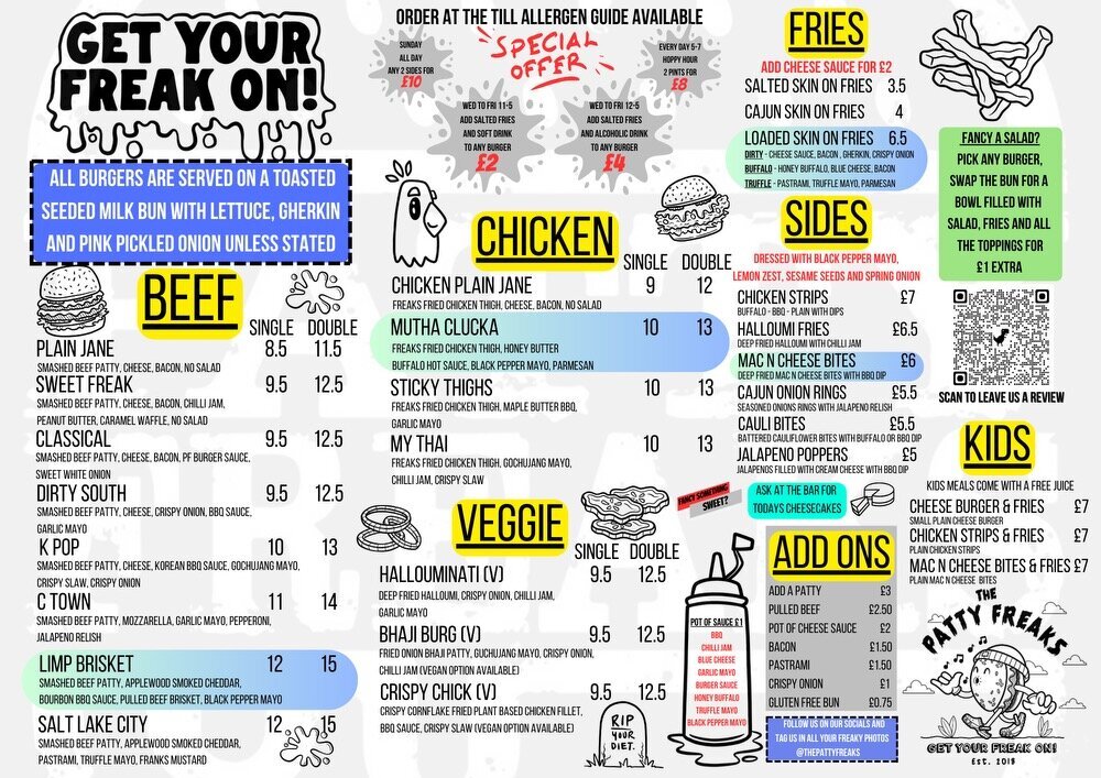 Menu containing, chicken, meat free, beef, add ons, kids, fries and Patty Freak doodles