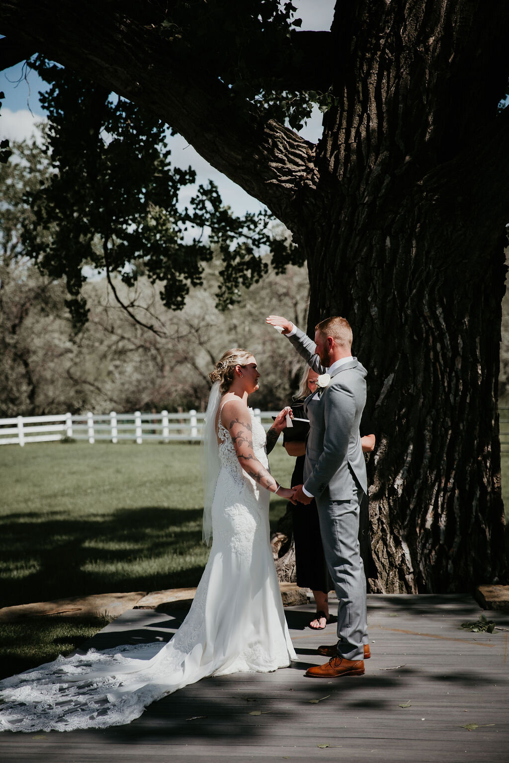 Bride and groom under a tree during their ceremony