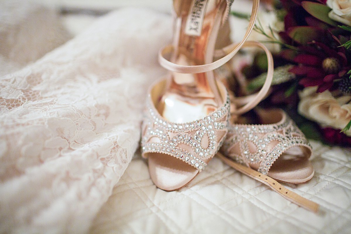 Sparkly bridal high heels with lace dress