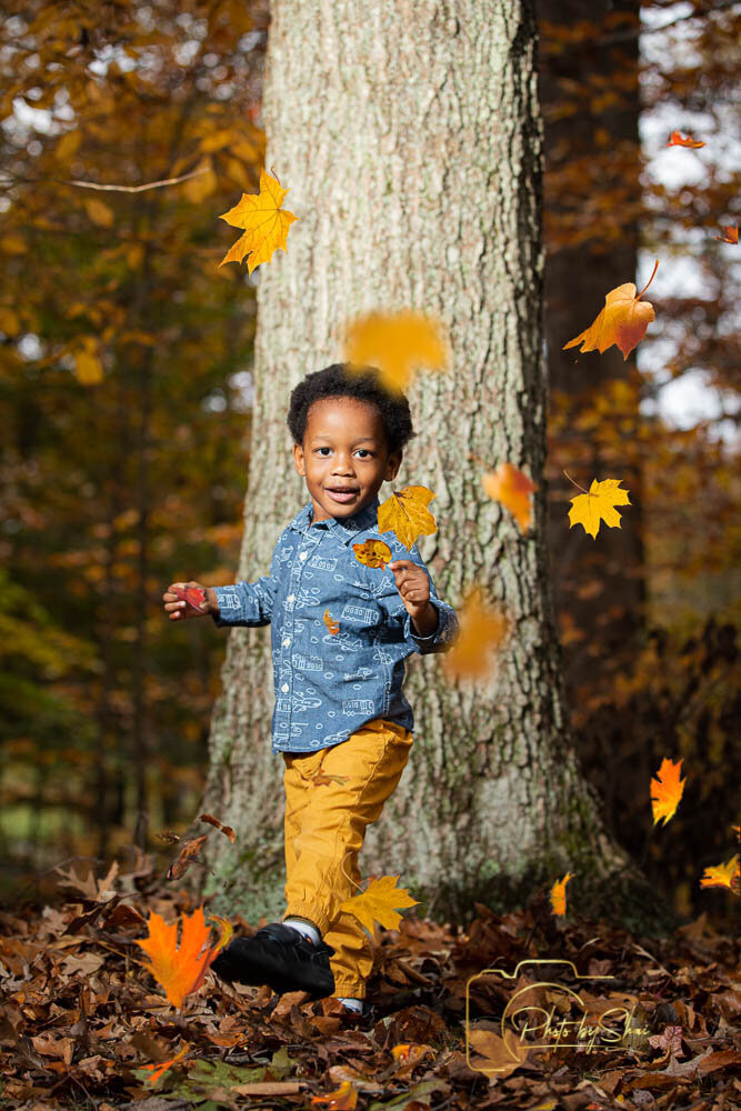 young child kicking leaves in a fall photoshoot in the dmv area