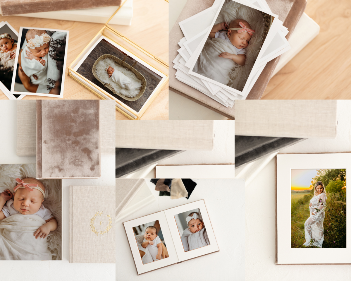 albums, loose prints and gold glass box displays of image for motherhood photos