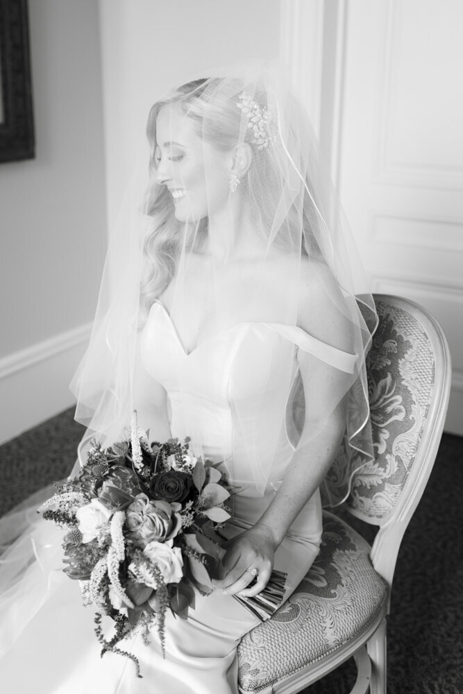 black and white portrait of bride -Wadsworth Mansion wedding photographer Rachel Girouard
