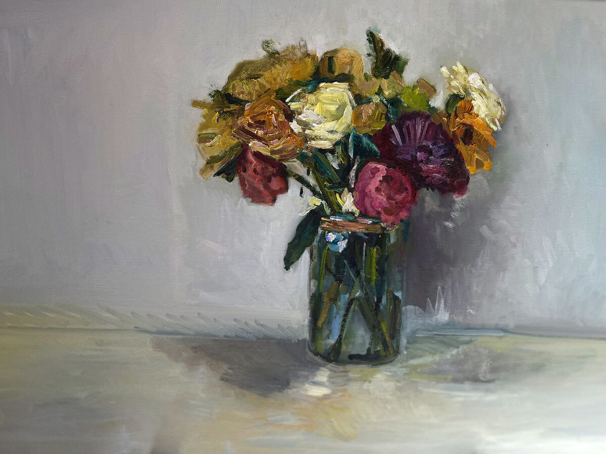 Still life oil painting of flowers in a vase