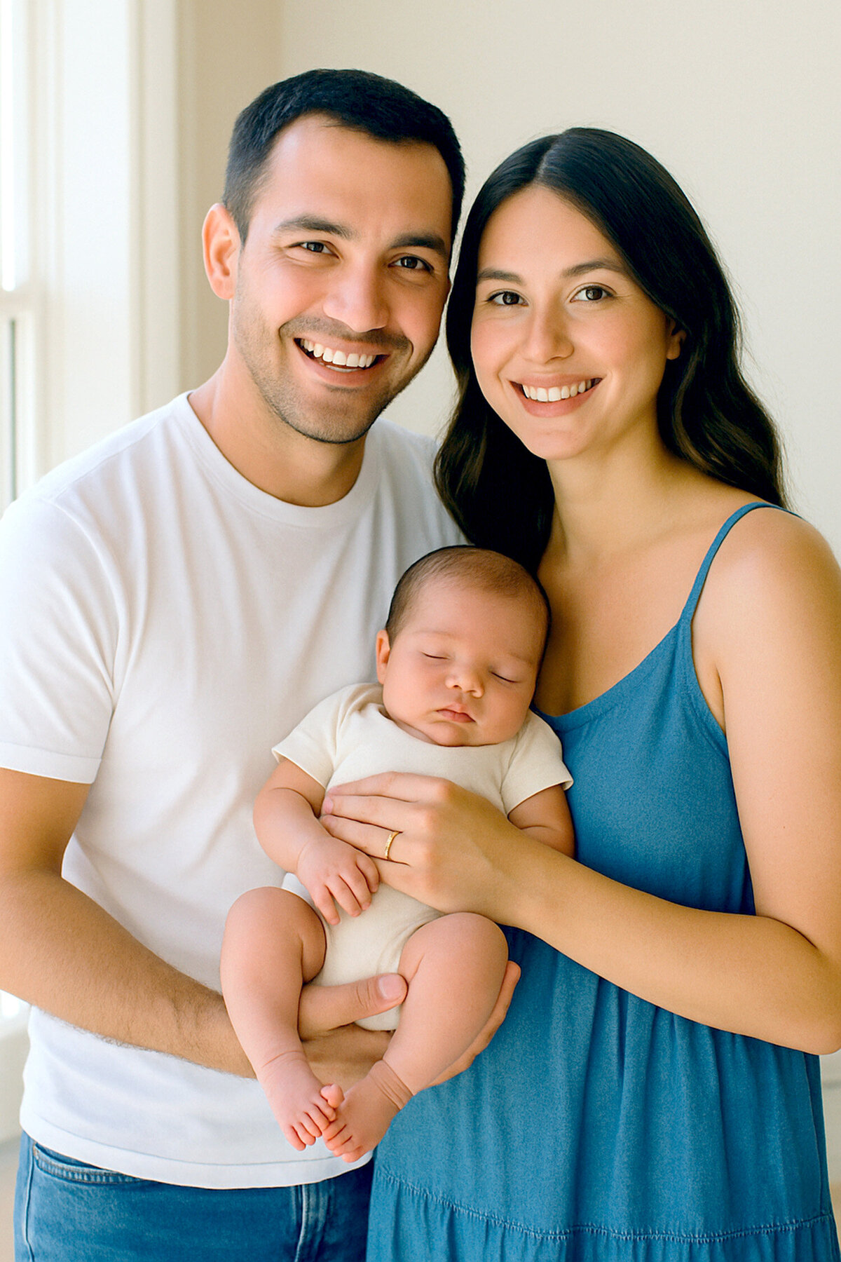 Mom and dad holding newborn baby in between them. Captured in their home by San Francisco Newborn Photographer.