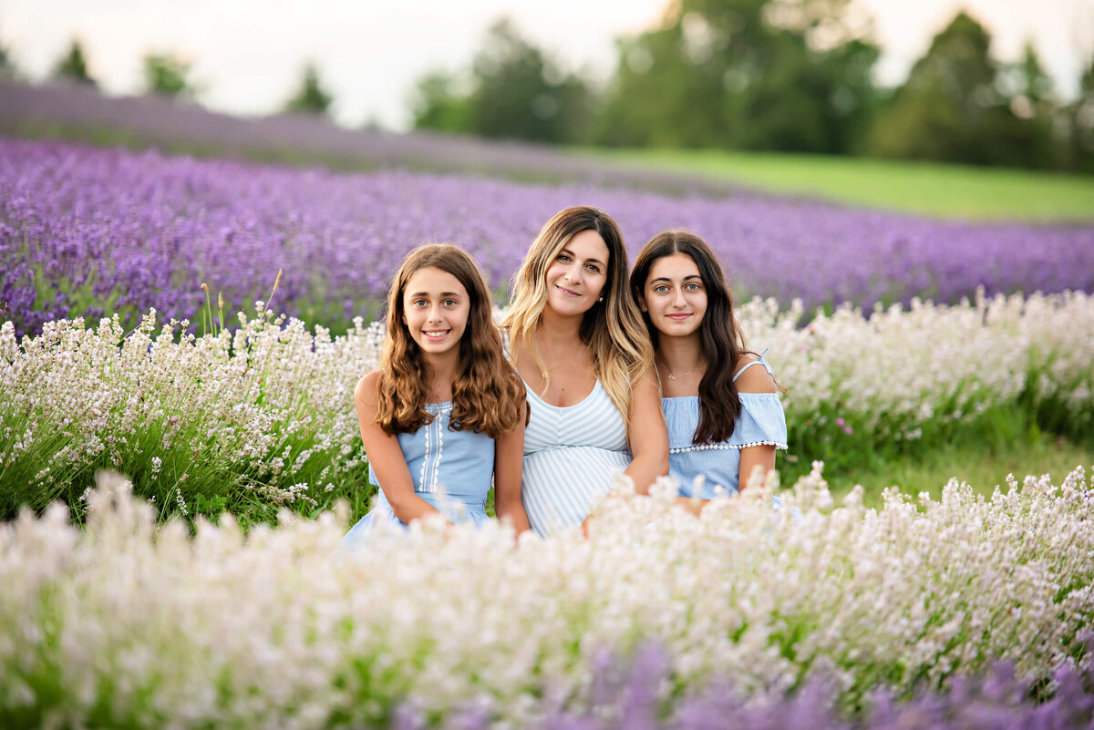 mom sitting on the ground with her two daughters in the lavender for their maternity family photos.