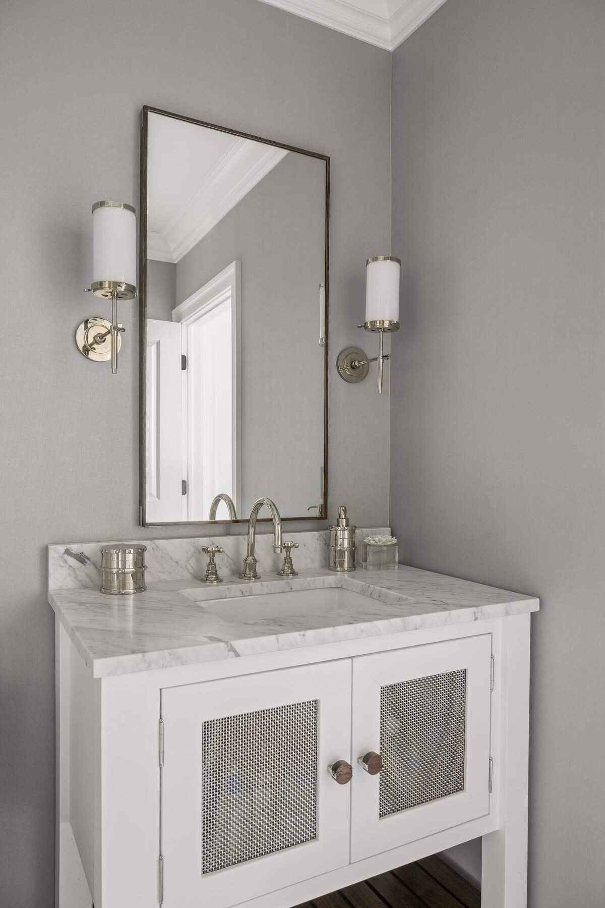 candra lynn interiors ocean port project bathroom with square mirror and white vanity
