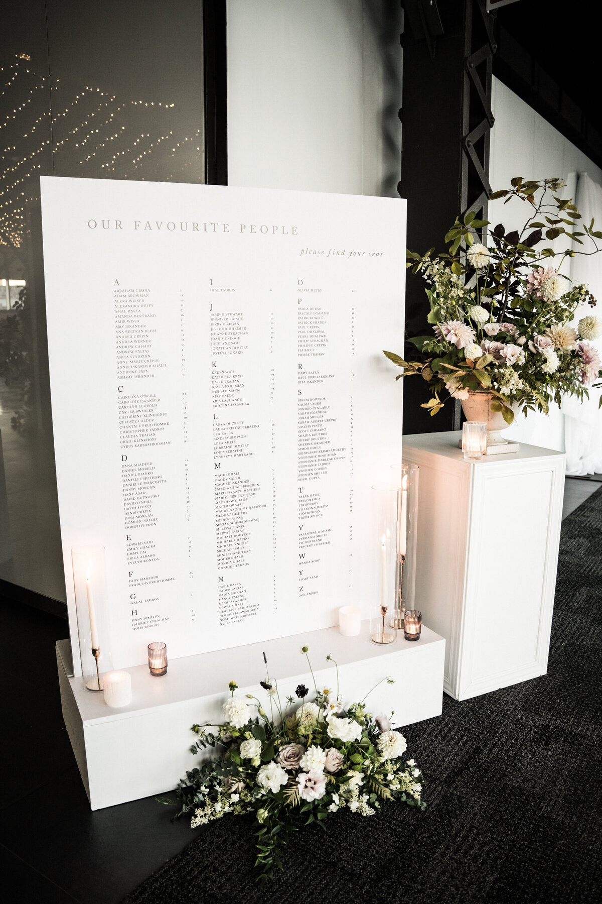 A place card display is framed by arrangements of garden flowers at a Science Centre.  wedding reception. 