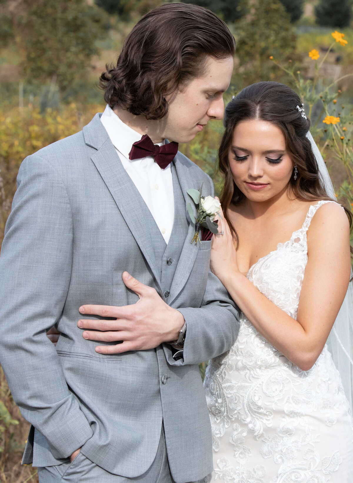 Atlanta-Editorial-Wedding-Photographer-Bride-and-Groom-Gray-Suit-Lace-Gown-Outdoor-Portrait