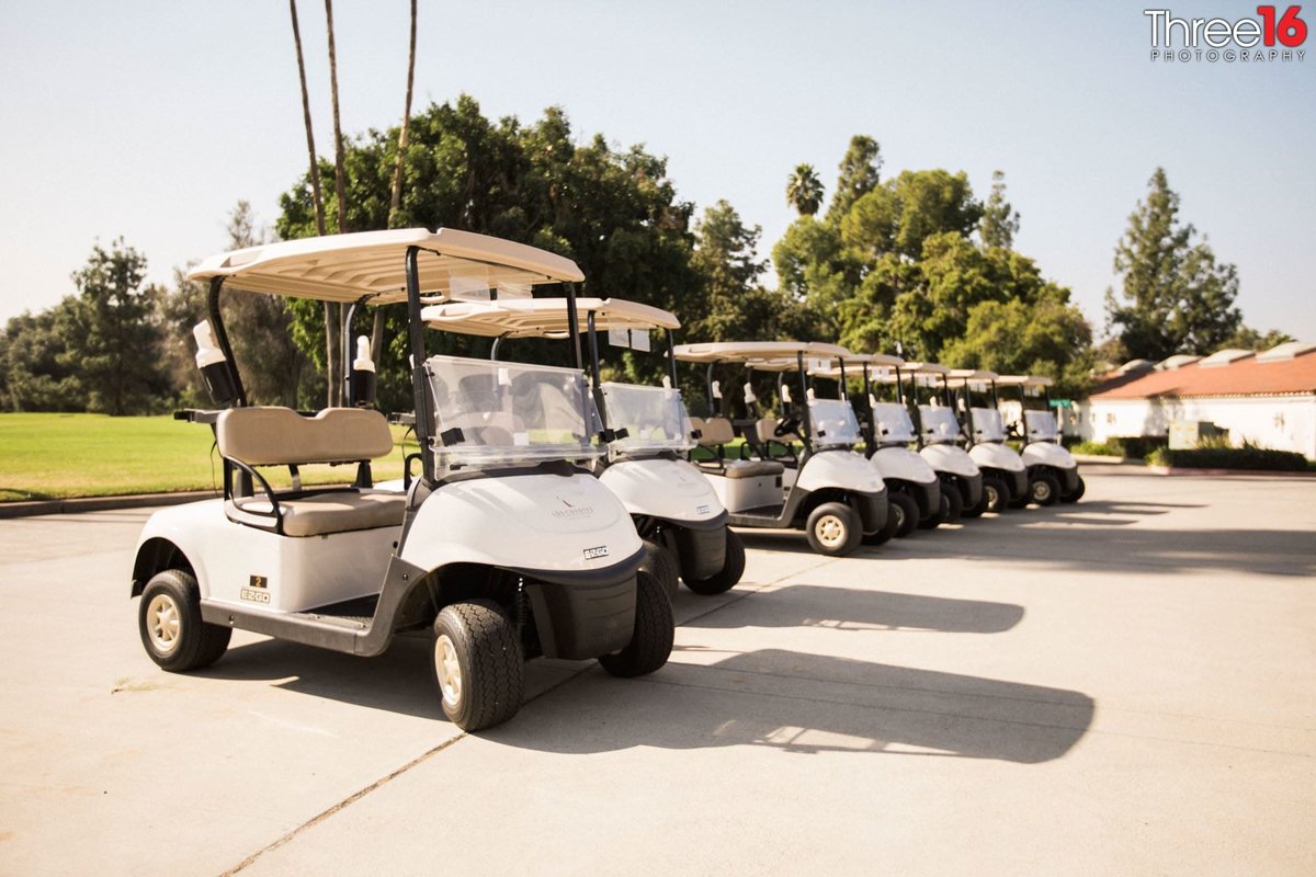 Row of golf carts at the Los Coyotes Country Club in Buena Park, CA