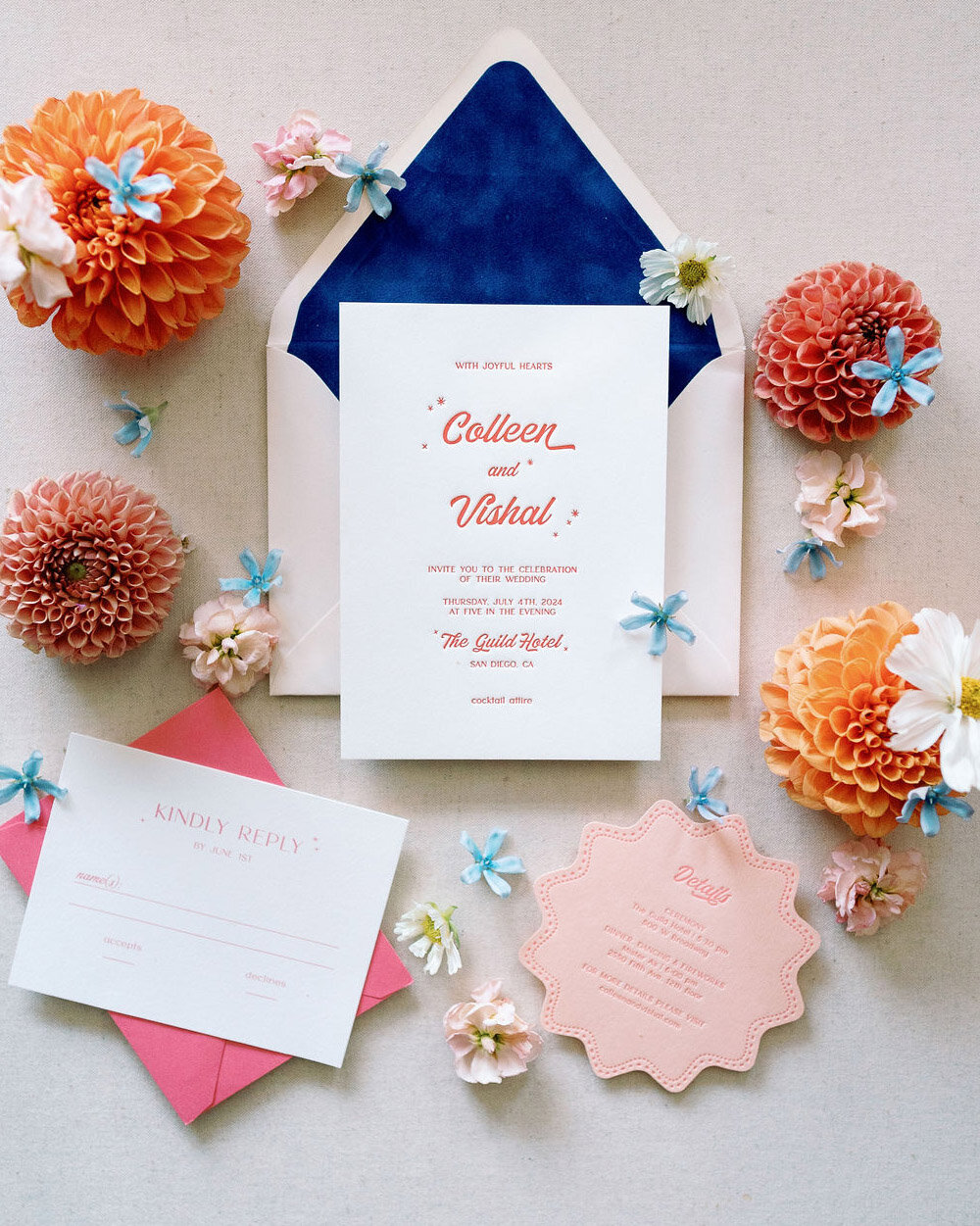 Dominique Alba Studio colorful modern custom letterpress invitations