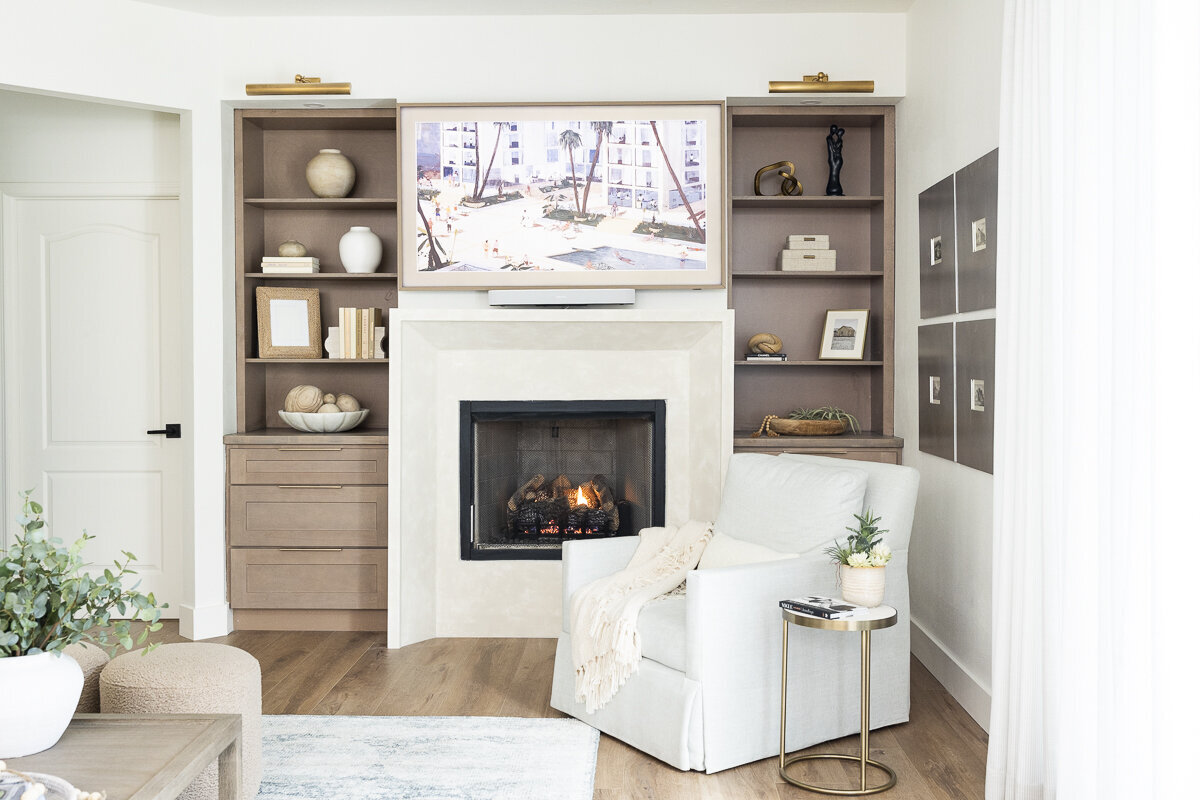 dewine design interiors belle isle project living room with fireplace and styled shelves