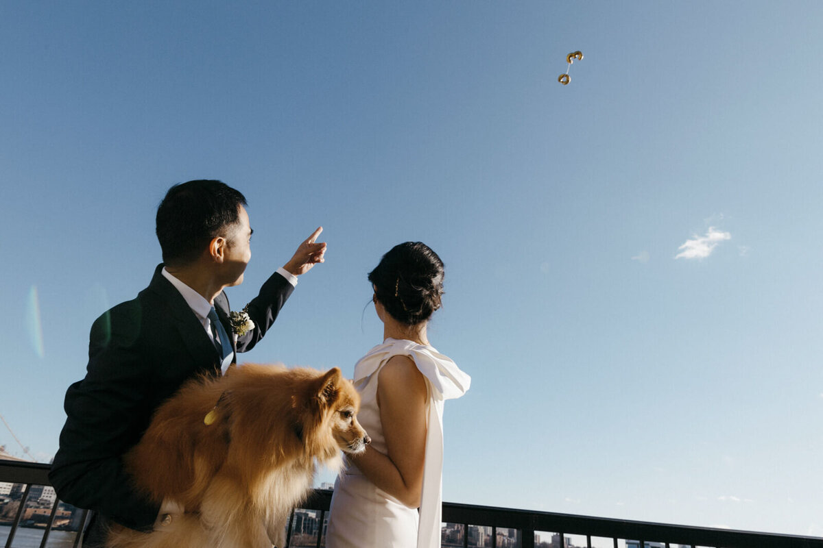 The bride and the groom, together with their dog are looking at number balloons in the sky, as the groom point at the balloons.