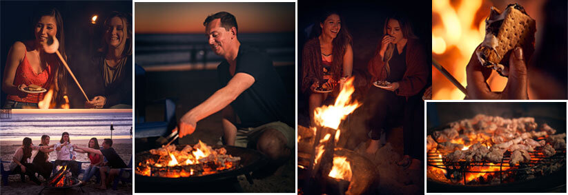 Branding shoot for male chef at the beach cooking smores and chicken for happy clients at bonfire party