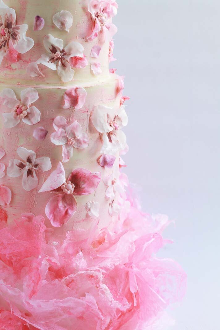 pink wafer paper lace cake, Hamilton ON wedding cakes