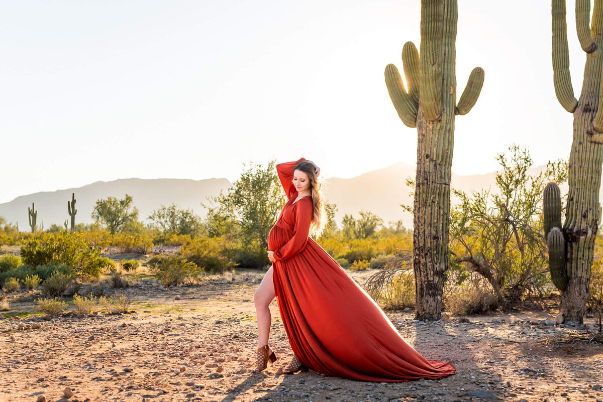 beautiful pregnant mom in rust red dress near a saguaro cactus