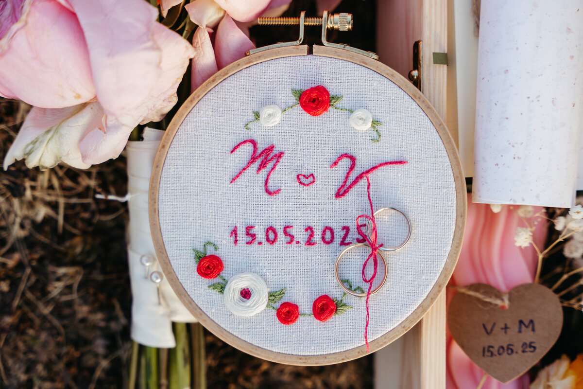 Embroidered wedding keepsake with initials and date detail
