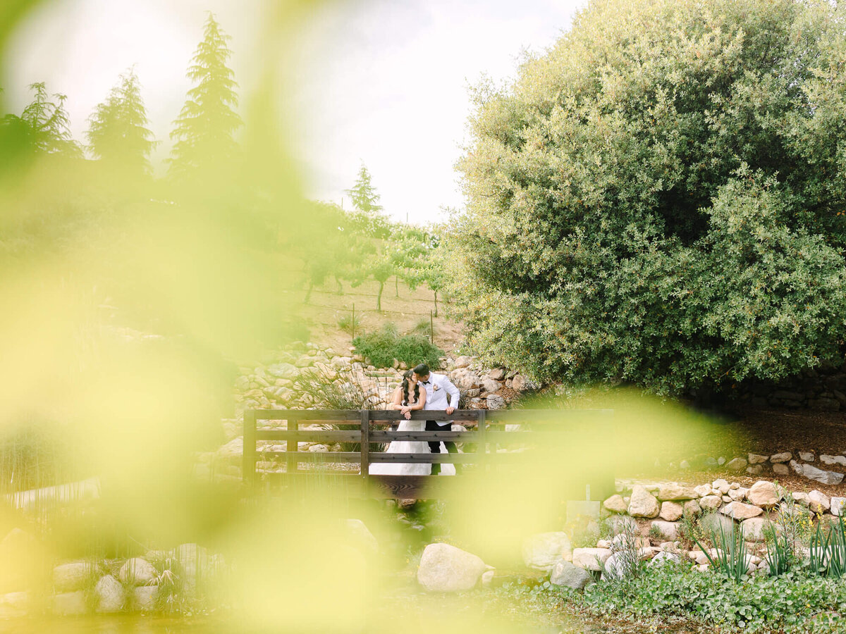 Bride and groom embracing on a wooden bridge, surrounded by lush greenery and trees, with soft-focus yellow leaves creating a dreamy, romantic mood.