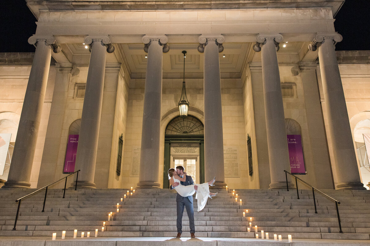 Baltimore Museum of Art wedding in Baltimore, Maryland photo of couple on steps at night by Christa Rae Photography