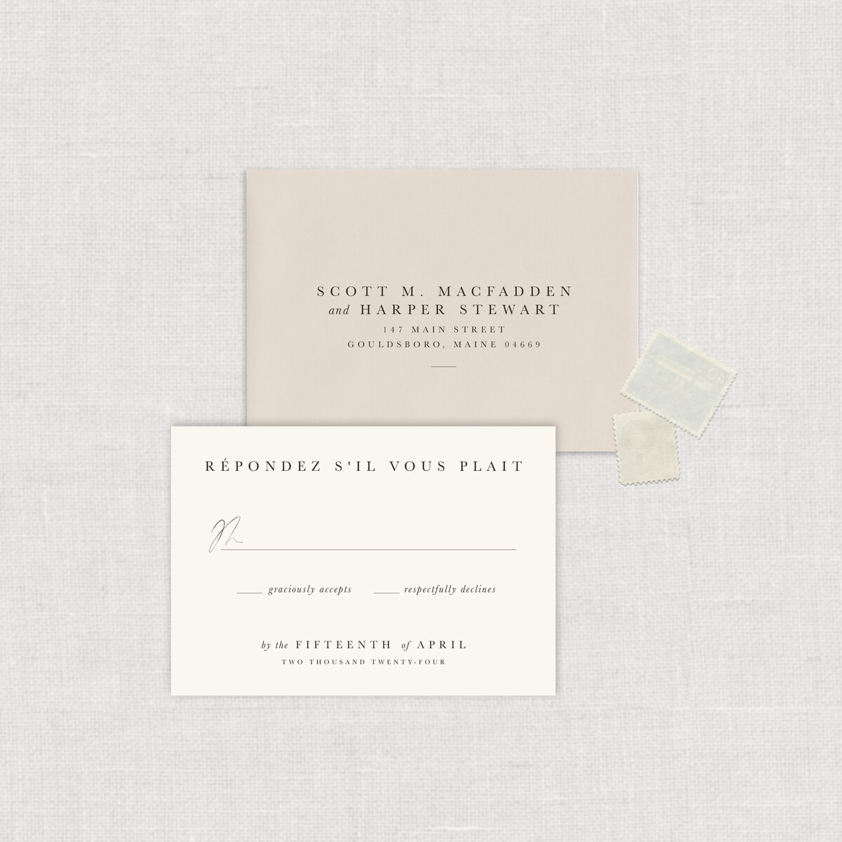 Romantic Italy Wedding Weekend Wedding Invitation with French RSVP card and envelope.