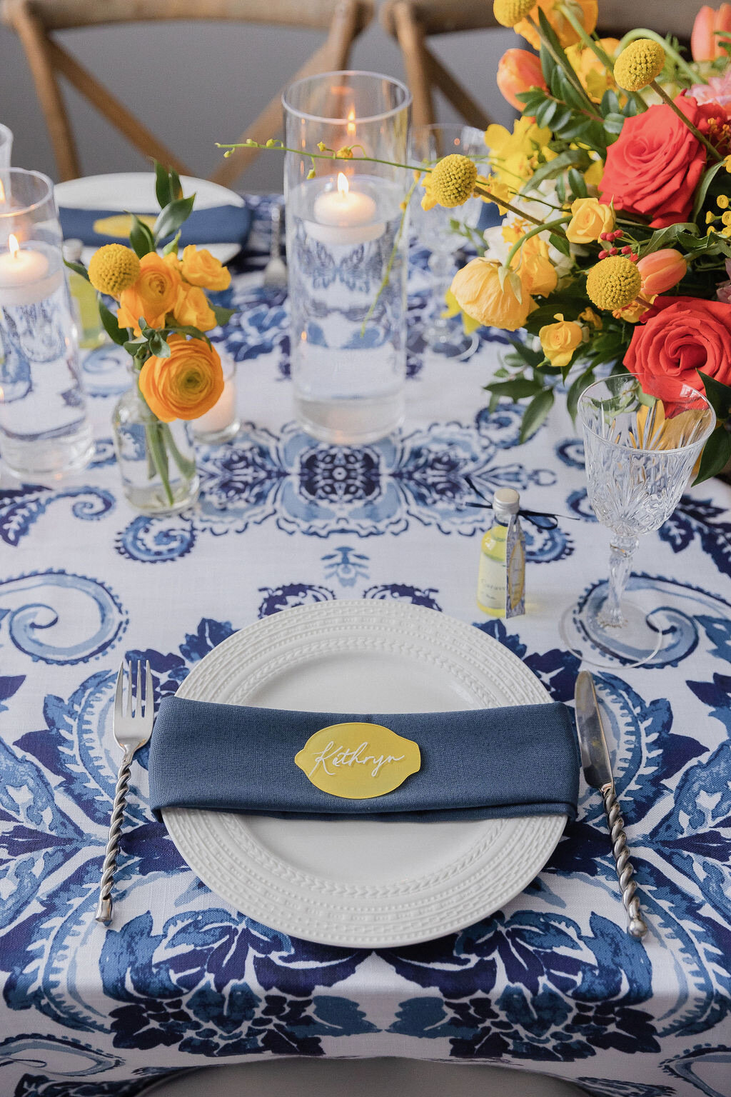 lemon place card, floating candles, citrus, navy color, oblong arrangement