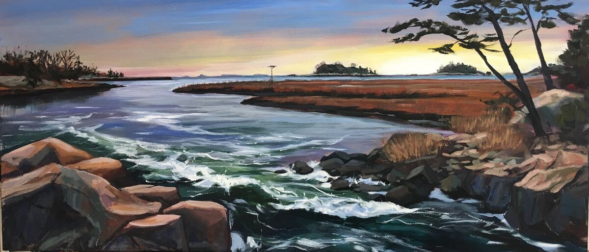 Painting of Stony Creek Branford CT Washburn Preserve with moving water, rocky shore and sunset vista, 16 x 36, acrylic on canvas , by Connecticut artist Linda Marino