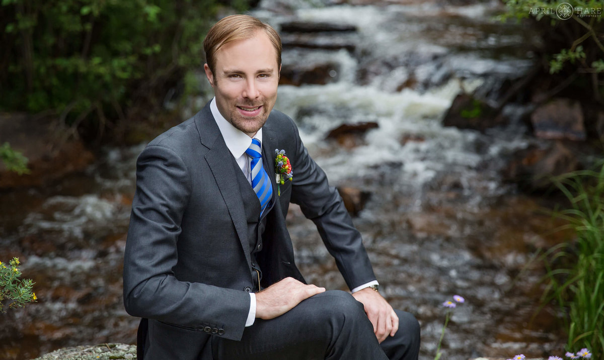 Classy Groom Portrait riverside at Wedgewood Mountain View Ranch in Colorado