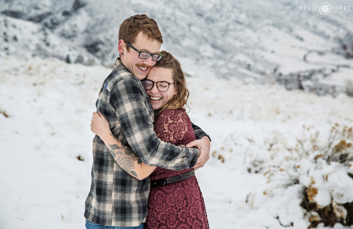 Colorado Winter Engagement Photography at Mount Falcon East Trail Head in Morrison