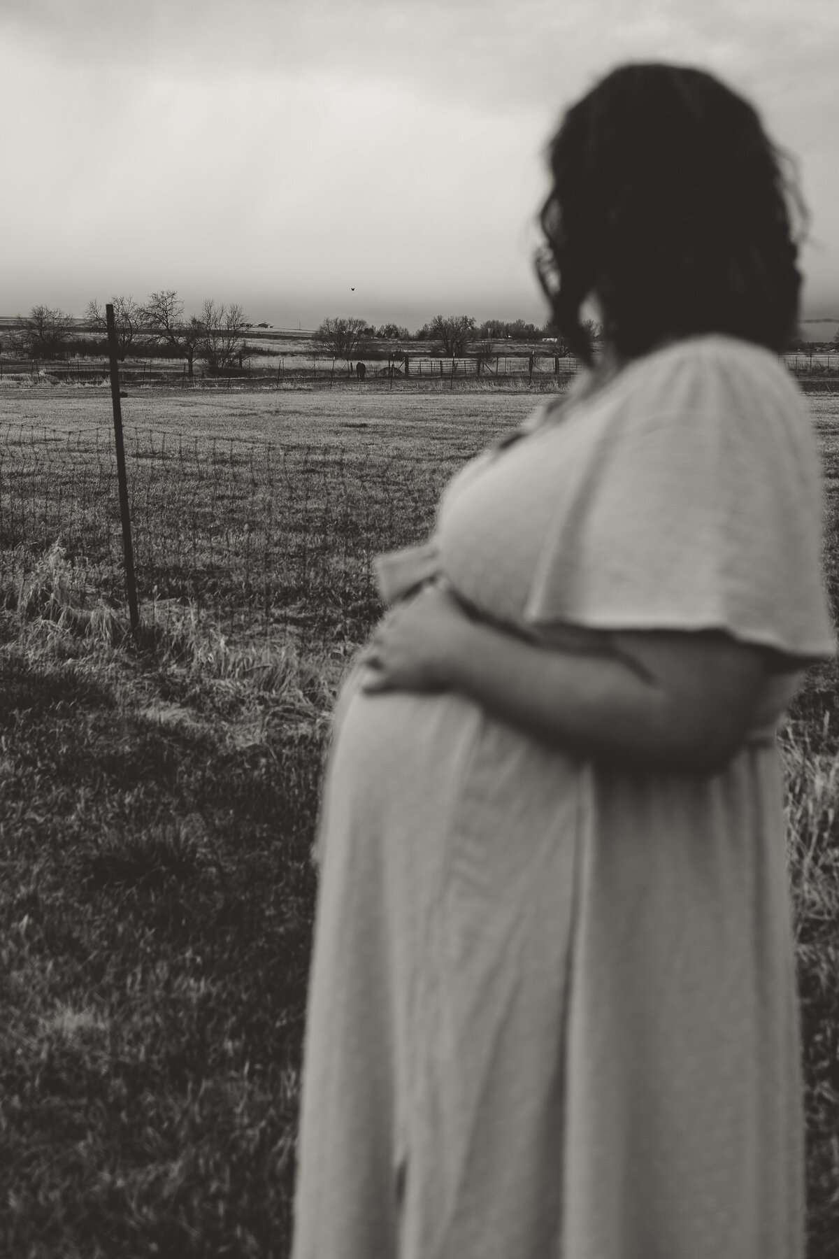 black and white image of mom out of focus while background is in focus of her looking off into the distance while holding top of twin pregnant belly during session in longmont colorado