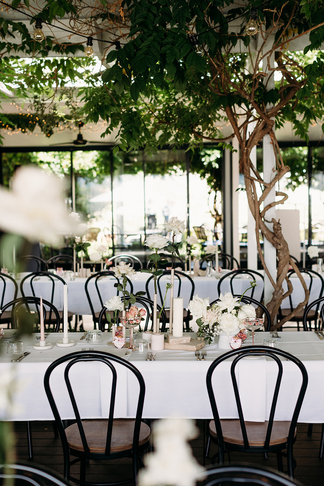 Wedding reception styling by Lisa Pateman of Sunshine Events in the restaurant area of Brindabella Hills Winery
